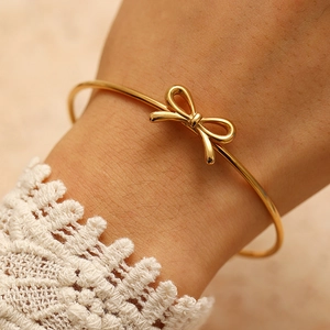 Minimalist Bowknot Bangle Bracelet Stainless Steel Adjustable Open Cuff Jewelry For Women Girls Elegant Korean Style Gift