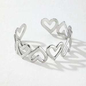 Bague ouverte coeur évidé en acier inoxydable argenté, design minimaliste et ajustable