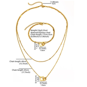 Minimalist double-layer stainless steel necklace and bracelet set with geometric pendants