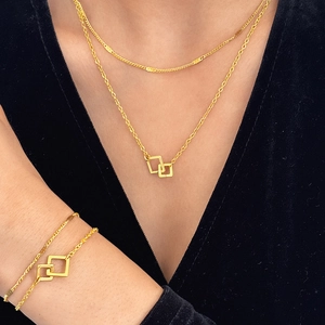 Stainless Steel Double Layer Interlocking Geometric Square Necklace And Bracelet Fashion Jewelry Gift For Women