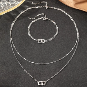 Silver stainless steel double layer jewelry set with interlocking rectangle charms
