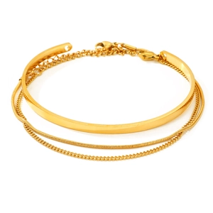 3-piece gold stainless steel layered bracelet set with cuff, snake and box chain styles