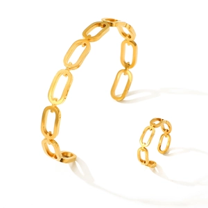 Minimalist gold-plated titanium steel hollow chain open bracelet and ring jewelry set