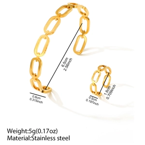 Polished gold plated stainless steel hollow chain bracelet and adjustable ring jewelry set