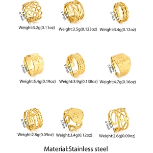 Adjustable stainless steel rings with gold plating featuring embossed queen coin and star patterns