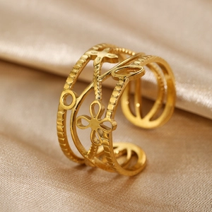 Adjustable golden stainless steel open ring with layered floral hollow pattern