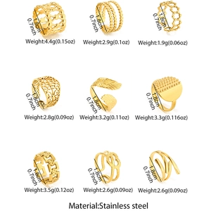Set of 9 gold-plated stainless steel open rings in various hollow and geometric designs