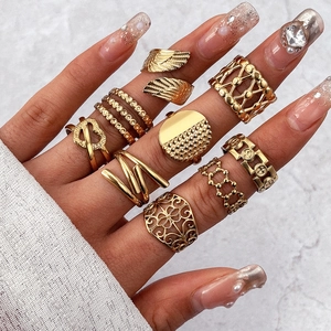 Stainless Steel Rings 18K Gold Plated Adjustable Open Band Geometric Hollow Vintage Gothic Minimalist Fashion Jewelry Women
