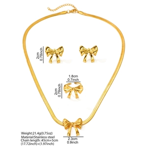 Polished stainless steel bow necklace earrings and adjustable ring jewelry set