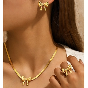 Bowknot Jewelry Including Necklace Stud Earrings And Ring Stainless Steel Herringbone Chain Fashion Elegant For Women