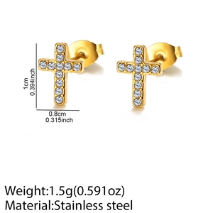 Pendientes de cruz dorados en acero inoxidable con cristales y medidas detalladas