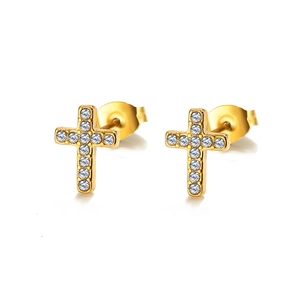 Pendientes de cruz en acero dorado con pavé de circonitas cúbicas brillantes
