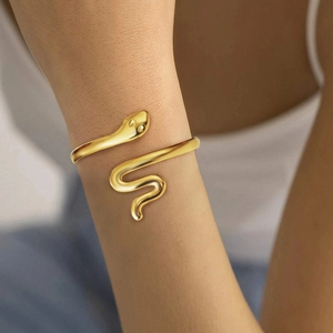 Punk style snake-shaped adjustable gold open bangle bracelet in polished stainless steel