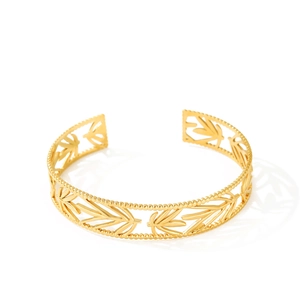 Goldenes Edelstahl-Manschettenarmband mit hohlem Bambusblatt-Design und Perlenkante