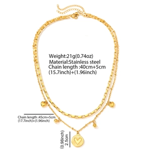 Double layered 18K gold plated stainless steel necklace with heart and coin pendants