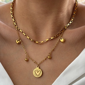 Double Layer Necklace Heart Pendant Coin Stainless Steel Trendy Minimalist Layered Jewelry For Women