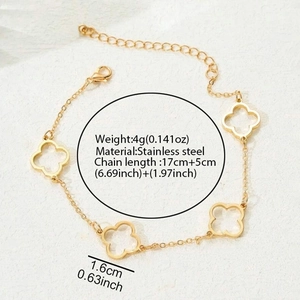 Elegant 18K gold-plated stainless steel bracelet featuring hollow four-leaf clover charms