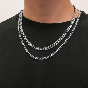 Collier Chaîne Cubaine Double Couche Acier Inoxydable Poli Six Faces Bijoux Hip Hop Streetwear Hommes Femmes
