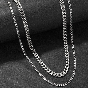 Double collier chaîne gourmette argentée en acier inoxydable poli pour homme style hip hop