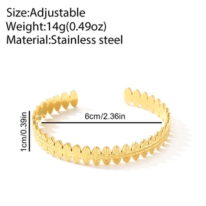 Adjustable golden stainless steel open bangle with leaf pattern embossing for unisex