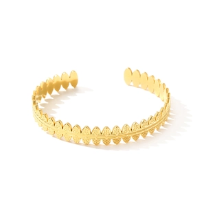 Golden titanium steel cuff bracelet with vintage leaf pattern and textured finish