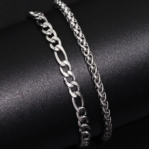 Men's silver stainless steel Figaro and wheat chain bracelet set with hip hop style