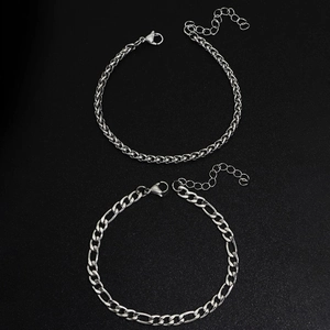 Men's silver stainless steel chain set with Figaro and round link styles and lobster clasps