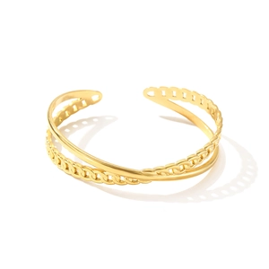 Minimalist double-layer 18k gold plated open bangle with smooth ring and Cuban chain design