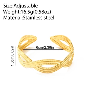 Bracelet manchette doré ajustable en acier inoxydable avec design ajouré et texture