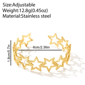 Adjustable 18K gold plated stainless steel open bangle with hollow star pattern