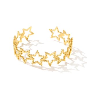 Adjustable 18K gold plated stainless steel open bangle with continuous star shaped design
