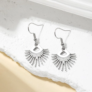 Bohemian silver sunflower fan earrings with geometric radial lines on stone