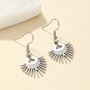Bohemian silver sunburst fan-shaped drop earrings with minimalist metallic finish