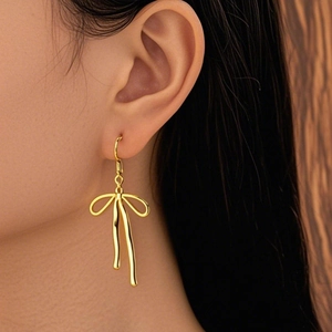 Stainless Steel 18K Gold Plated Bow Drop Earrings Liquid Metal Ribbon Tassel Dangle For Women Fashion Jewelry
