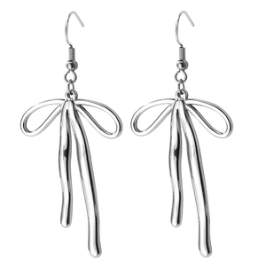 Minimalist silver butterfly bow tassel earrings with a sleek liquid metal finish for women