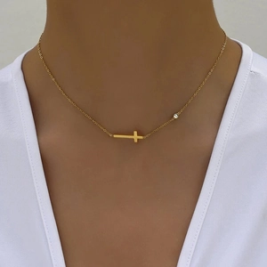 Minimalist gold titanium necklace with cross pendant and single crystal for women