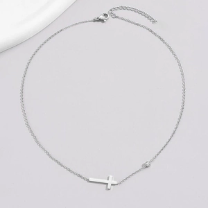 Minimalist silver stainless steel cross necklace with a single round zircon stone pendant