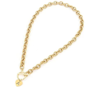 Gold toggle clasp necklace featuring a cable chain and heart pendant with letter A engraving