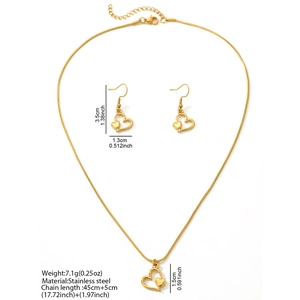Parure bijoux en acier inoxydable plaqué or 18k avec collier pendentif cœur rose et boucles