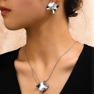 Geometric Irregular Stainless Steel Wave Texture Polished Necklace And Earrings Minimalist Modern Fashion For Women