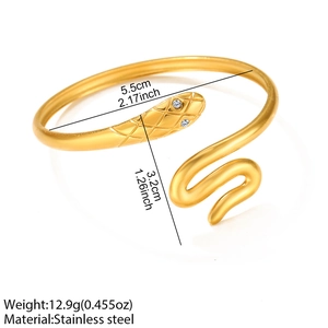 Snake shaped gold stainless steel adjustable open bangle with size measurements