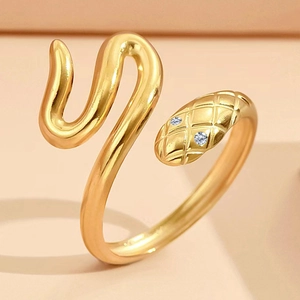 Golden snake-shaped stainless steel open ring with scale texture and rhinestone eyes