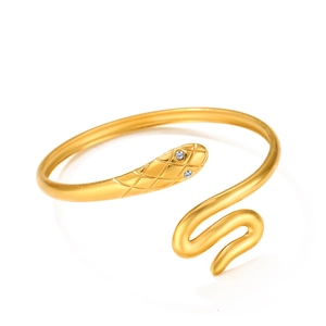 Adjustable snake-shaped stainless steel cuff bracelet with sparkling zircon eyes