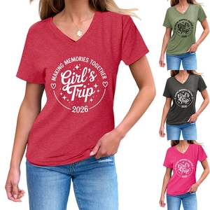 Detail of V-neck Girl's Trip 2026 cotton t-shirts in red, green, grey and pink