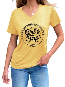 Detail of V-neck yellow cotton T-shirt featuring Making Memories Together 2026 print