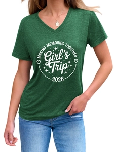 Detail of V-neck heather green T-shirt with white Making Memories Together 2026 print