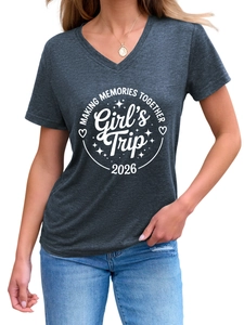 Close-up of Making Memories Together 2026 print on charcoal grey V-neck t-shirt