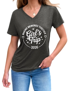 Detail of V-neck grey marl t-shirt with white Making Memories Together 2026 print