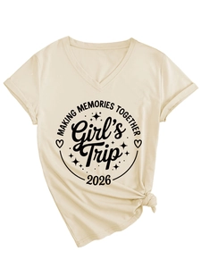 Detail of cream V-neck T-shirt with Making Memories Together 2026 print and side knot