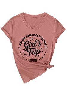 Detail of dusty rose V-neck T-shirt with side knot and Girl's Trip 2026 print